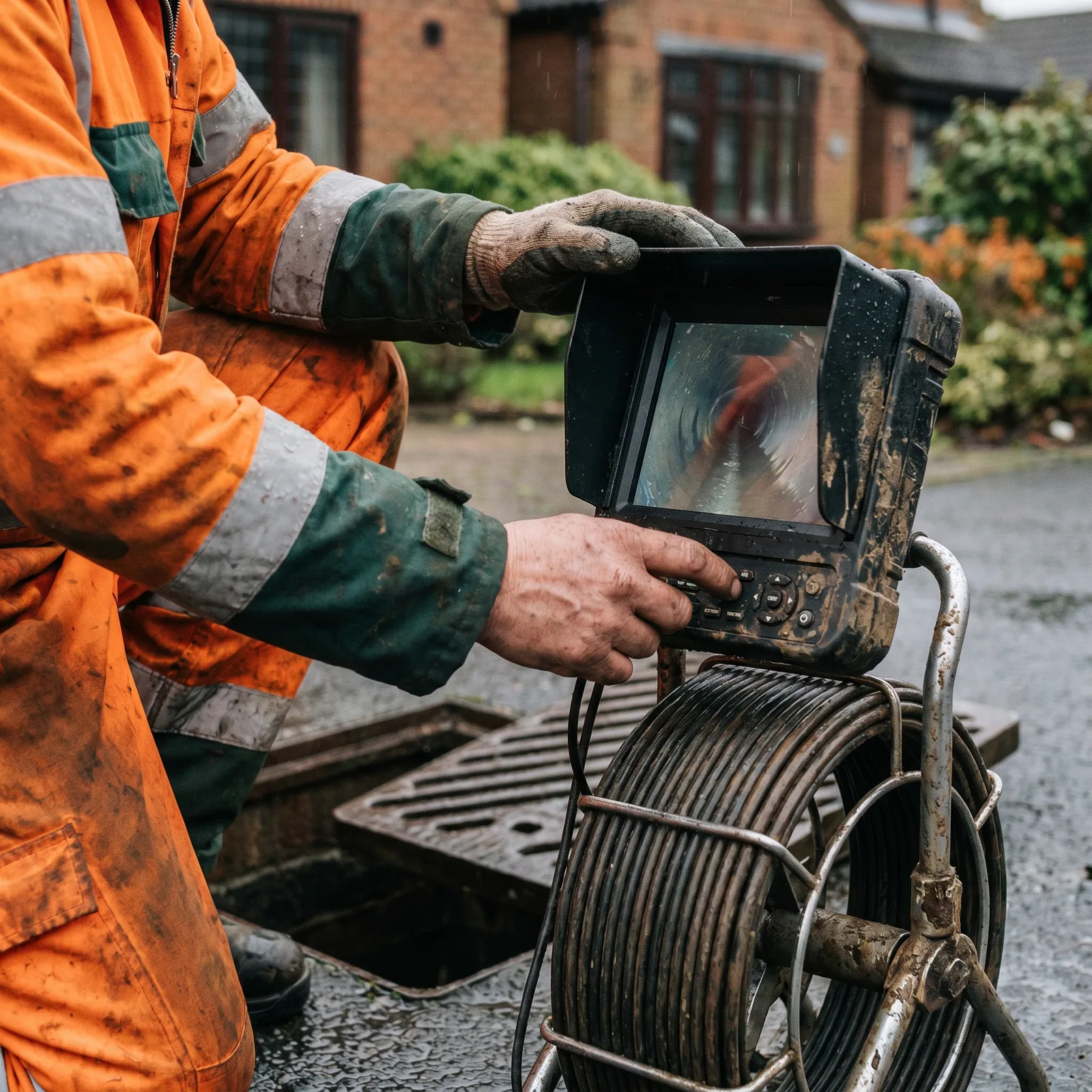 Drain inspection camera equipment beside an open drain