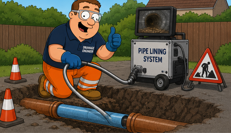 Illustration of no-dig drain repair equipment