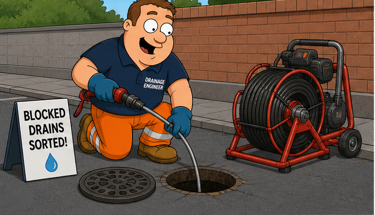 Illustration of equipment being used to clear a blocked drain