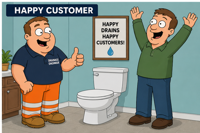 Illustration of a customer after help with a blocked toilet