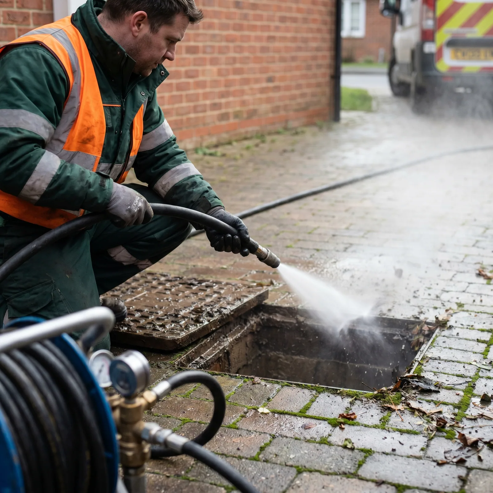 High pressure drain jetting equipment clearing an outside drain