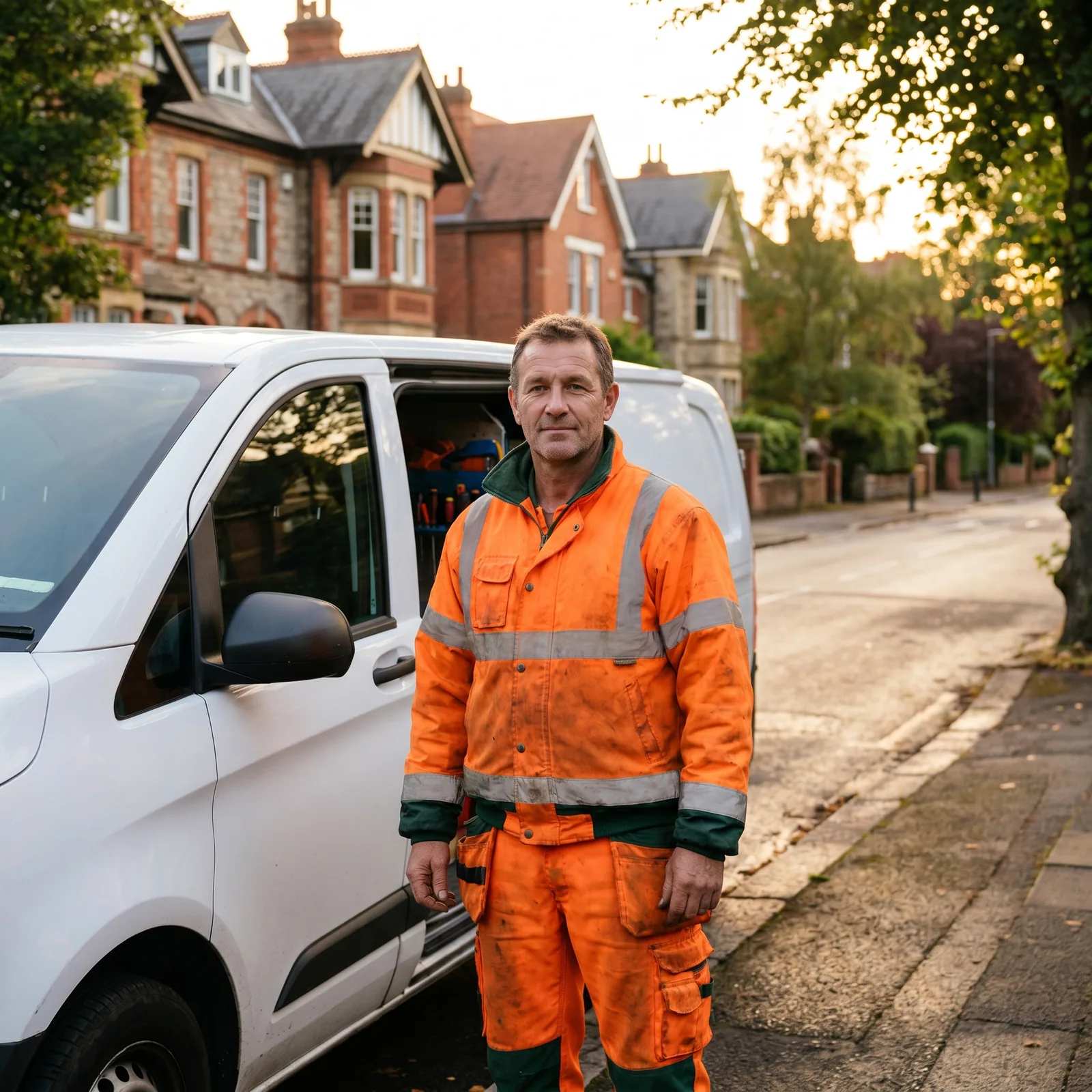 Leeds drainage engineer standing beside a service van