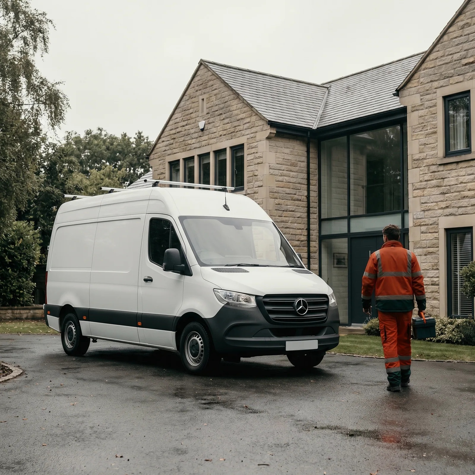 Drainage engineer and service van outside a local Leeds property
