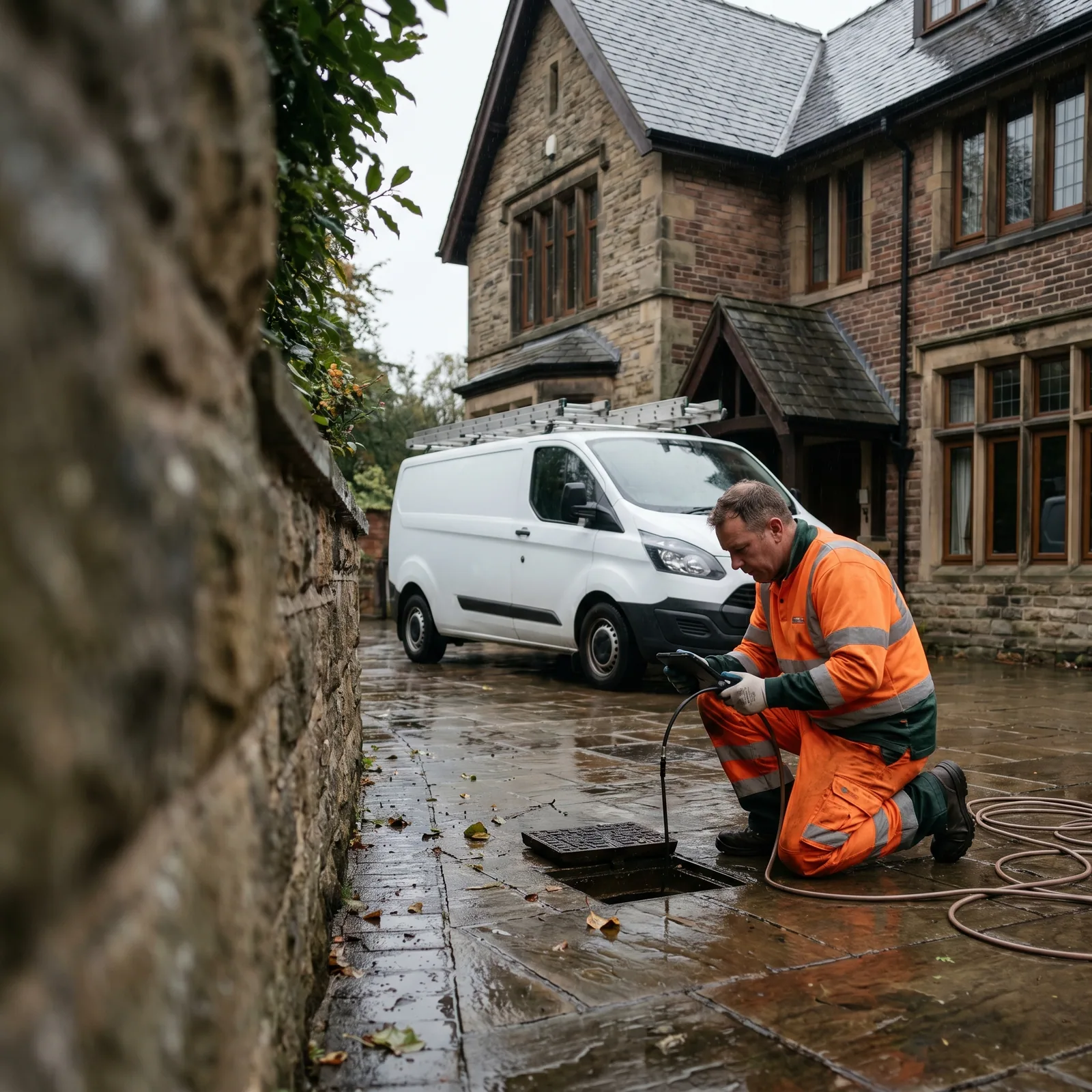 Engineer unblocking an outside drain at a residential property